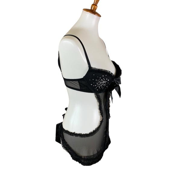 Victoria Secret Black Sheer Babydoll Lingerie Rhinestone Bow Detail 34B - Picture 4 of 6
